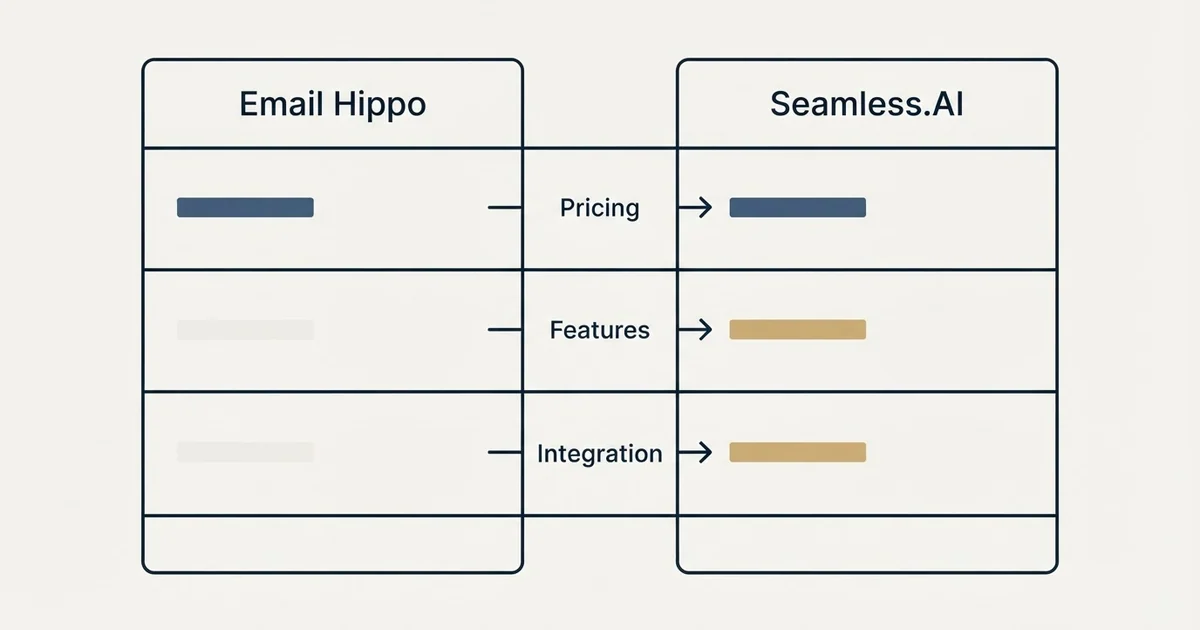 Comparison panel: Email Hippo vs Seamless.AI (Pricing, Features, Integration)