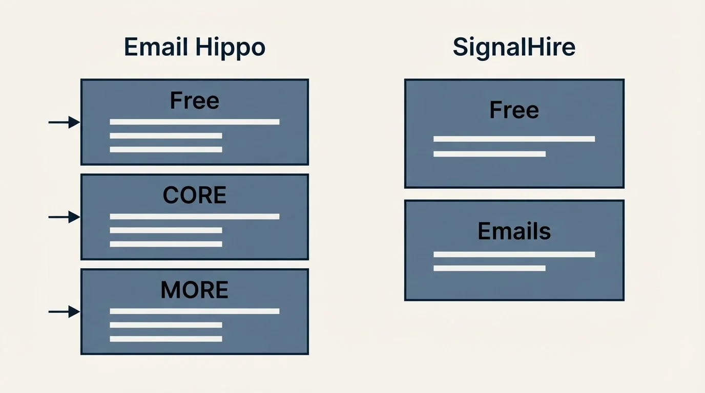 Pricing panels: Pricing Comparison (Email Hippo, SignalHire, Free, CORE)