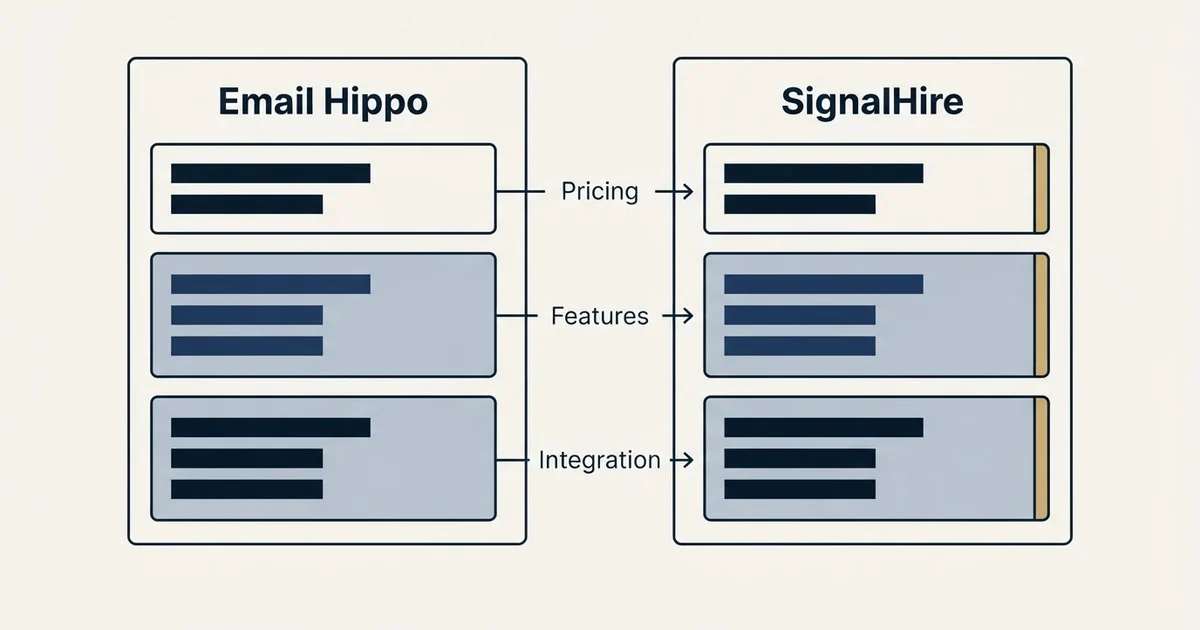 Comparison panel: Email Hippo vs SignalHire (Pricing, Features, Integration)