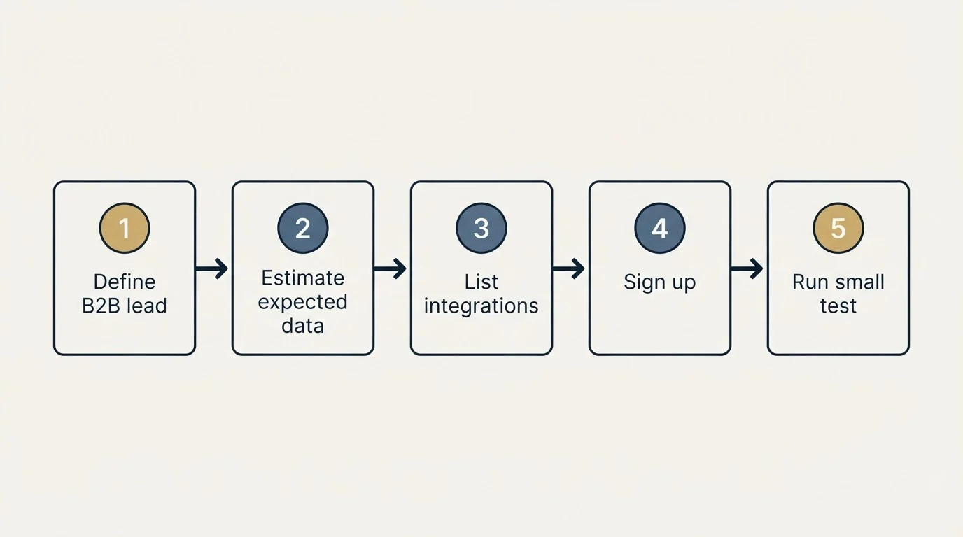 Step sequence: Getting Started Checklist (Define B2B lead, Estimate expected data, List integrations, Sign up)