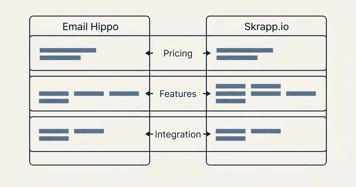 Comparison panel: Email Hippo vs Skrapp.io (Pricing, Features, Integration)
