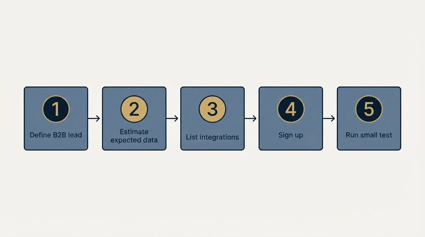 Step sequence: Getting Started Checklist (Define B2B lead, Estimate expected data, List integrations, Sign up)