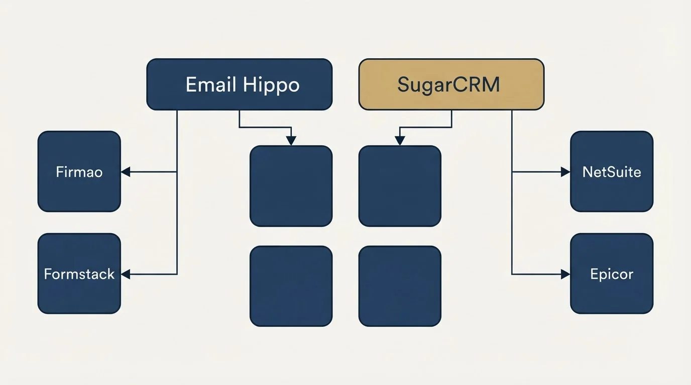 Integration grid: Integration Ecosystem (Email Hippo, SugarCRM, NetSuite, Firmao)