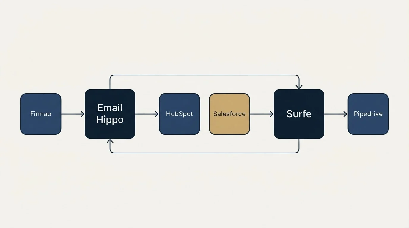 Integration schematic: Integration Ecosystem (Email Hippo, Surfe, HubSpot, Salesforce)
