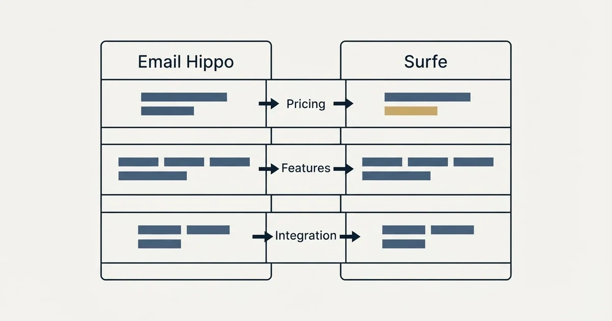 Comparison panel: Email Hippo vs Surfe (Pricing, Features, Integration)
