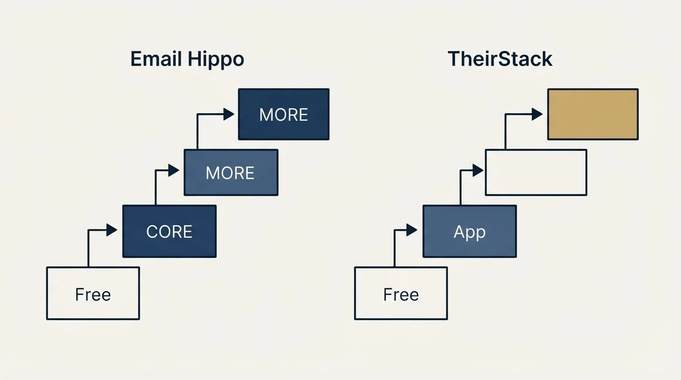 Pricing ladder: Pricing Comparison (Email Hippo, TheirStack, Free, CORE)