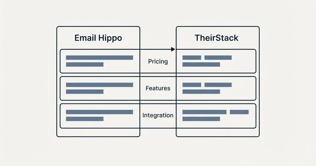 Comparison panel: Email Hippo vs TheirStack (Pricing, Features, Integration)