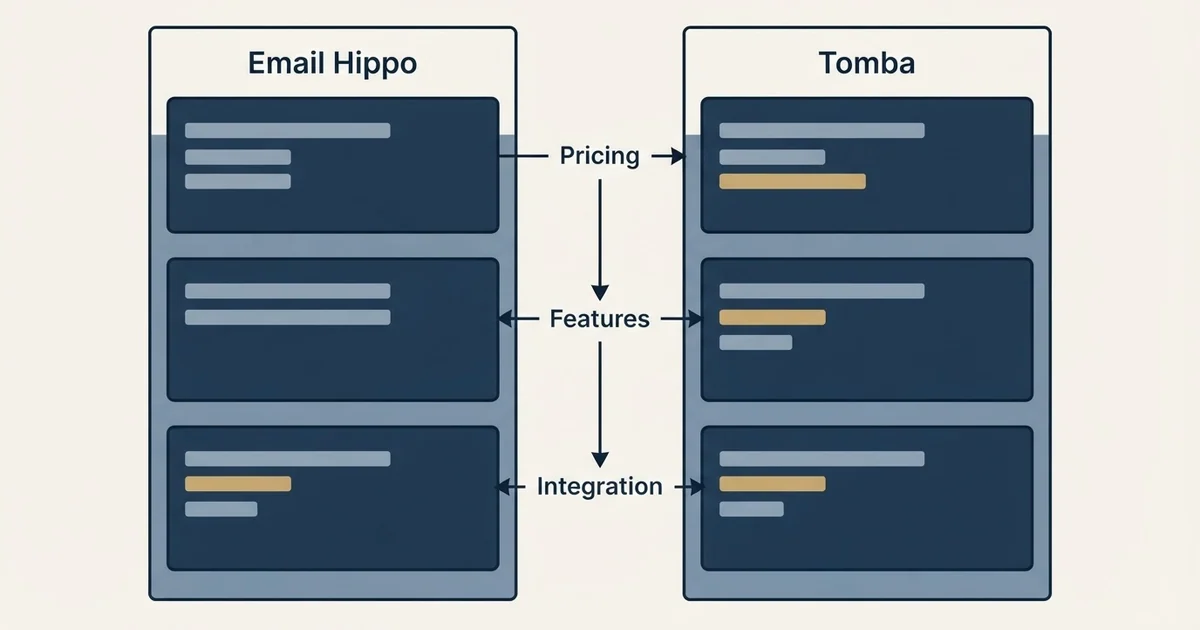 Comparison panel: Email Hippo vs Tomba (Pricing, Features, Integration)