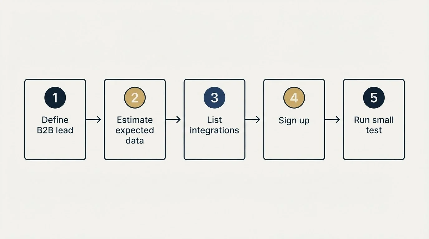 Step sequence: Getting Started Checklist (Define B2B lead, Estimate expected data, List integrations, Sign up)