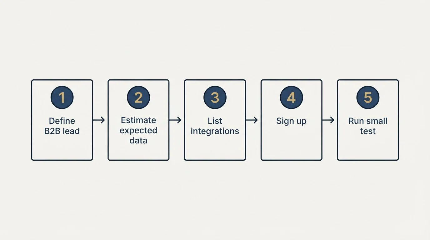 Step sequence: Getting Started Checklist (Define B2B lead, Estimate expected data, List integrations, Sign up)