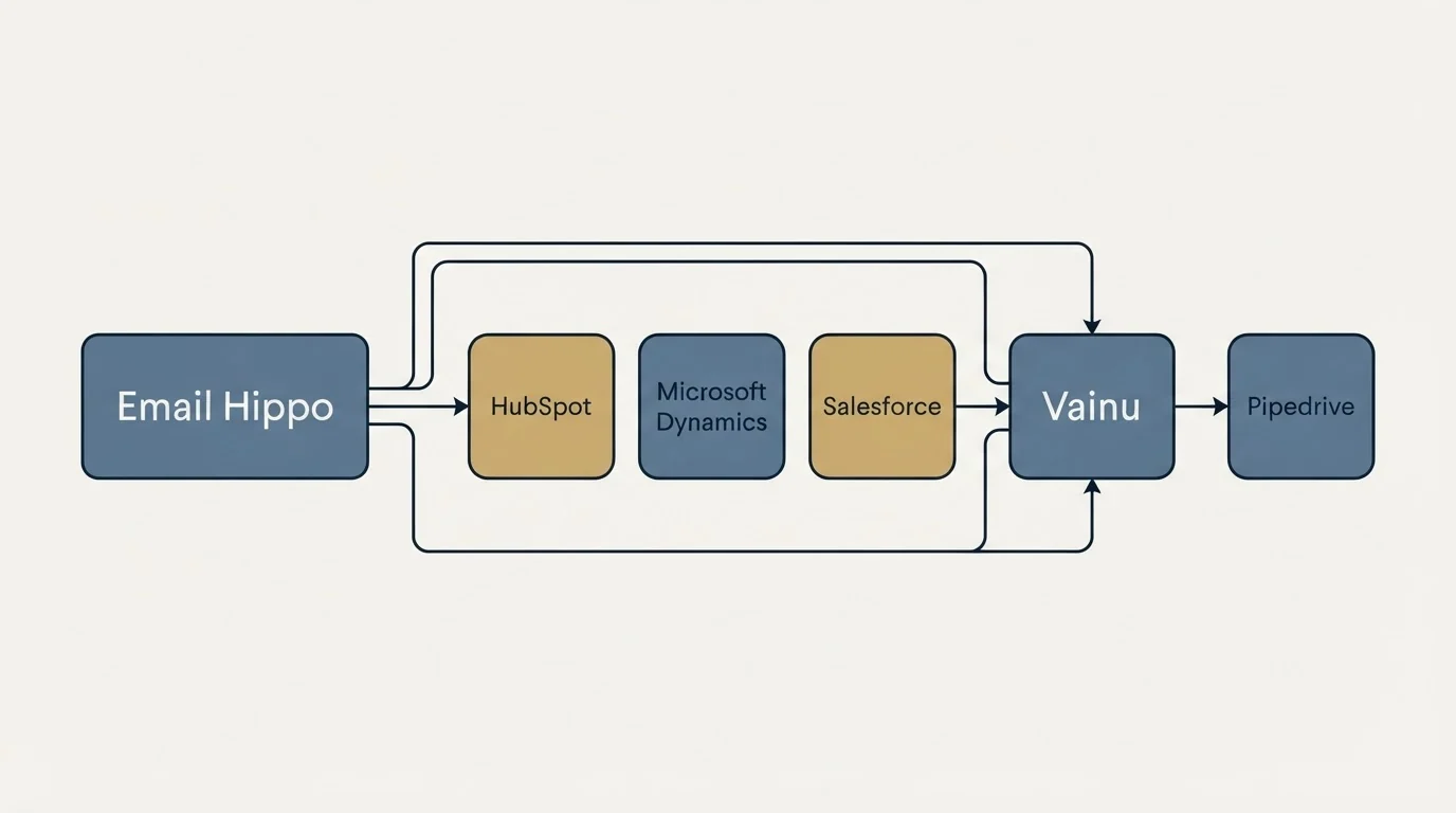 Integration schematic: Integration Ecosystem (Email Hippo, Vainu, HubSpot, Microsoft Dynamics)