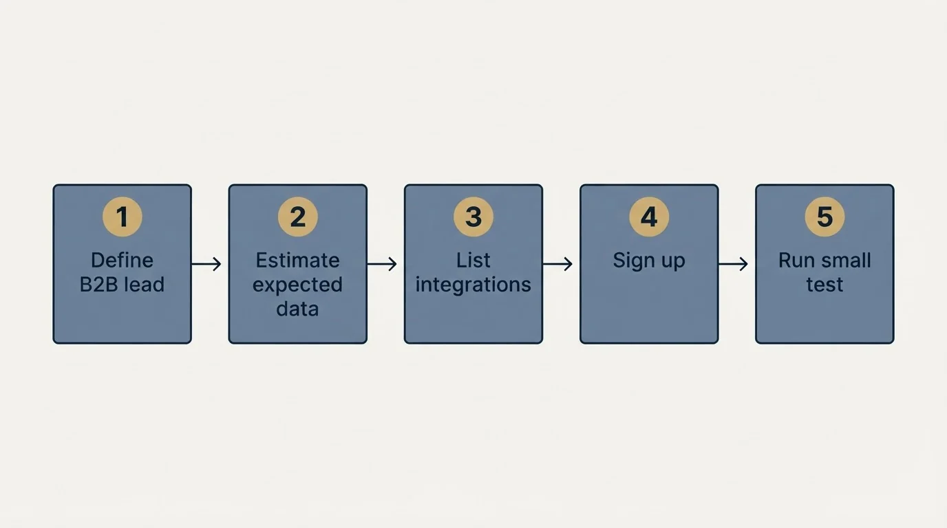 Step sequence: Getting Started Checklist (Define B2B lead, Estimate expected data, List integrations, Sign up)