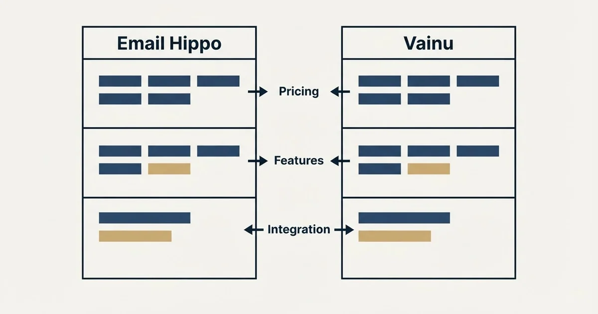 Comparison panel: Email Hippo vs Vainu (Pricing, Features, Integration)