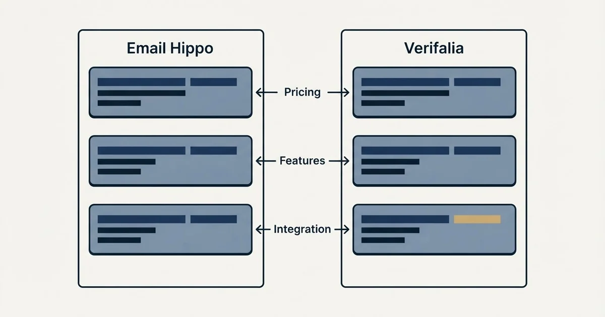 Comparison panel: Email Hippo vs Verifalia (Pricing, Features, Integration)
