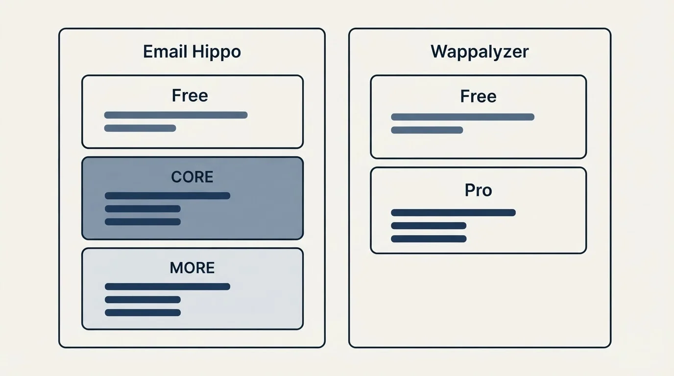 Pricing panels: Pricing Comparison (Email Hippo, Wappalyzer, Free, CORE)