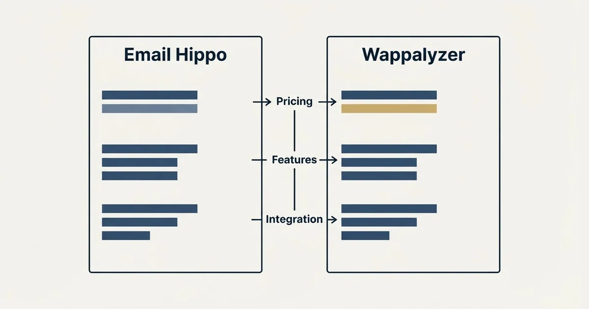 Comparison panel: Email Hippo vs Wappalyzer (Pricing, Features, Integration)