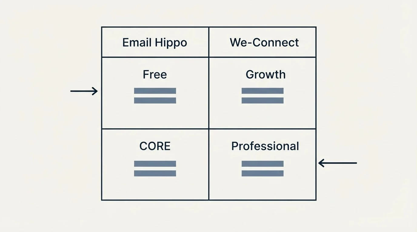 Pricing table: Pricing Comparison (Email Hippo, We-Connect, Free, Growth)