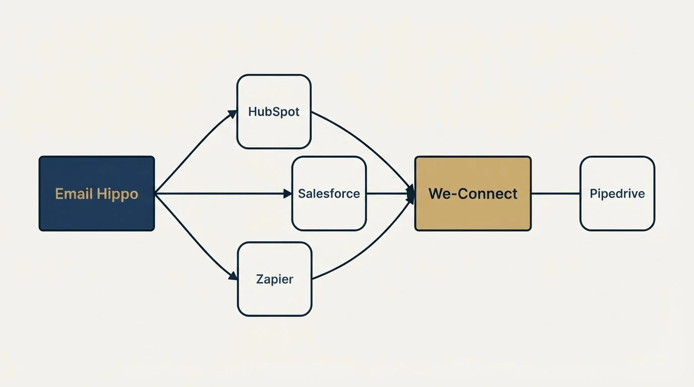 Integration schematic: Integration Ecosystem (Email Hippo, We-Connect, HubSpot, Salesforce)