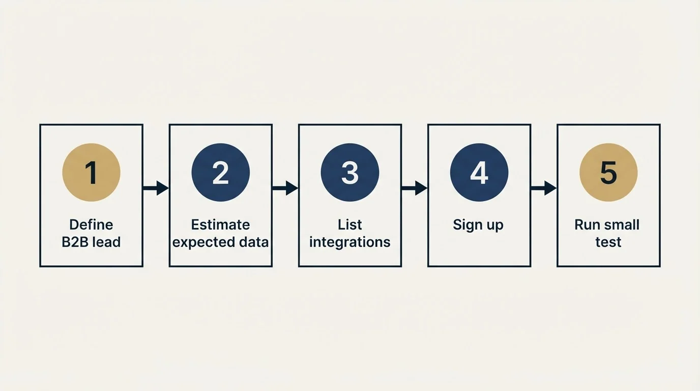 Step sequence: Getting Started Checklist (Define B2B lead, Estimate expected data, List integrations, Sign up)