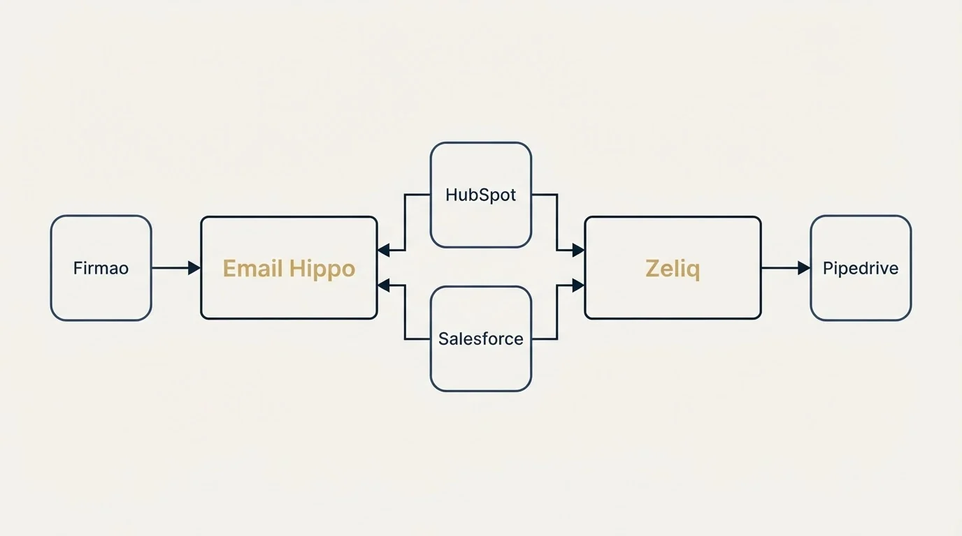 Integration flow: Integration Ecosystem (Email Hippo, Zeliq, HubSpot, Salesforce)