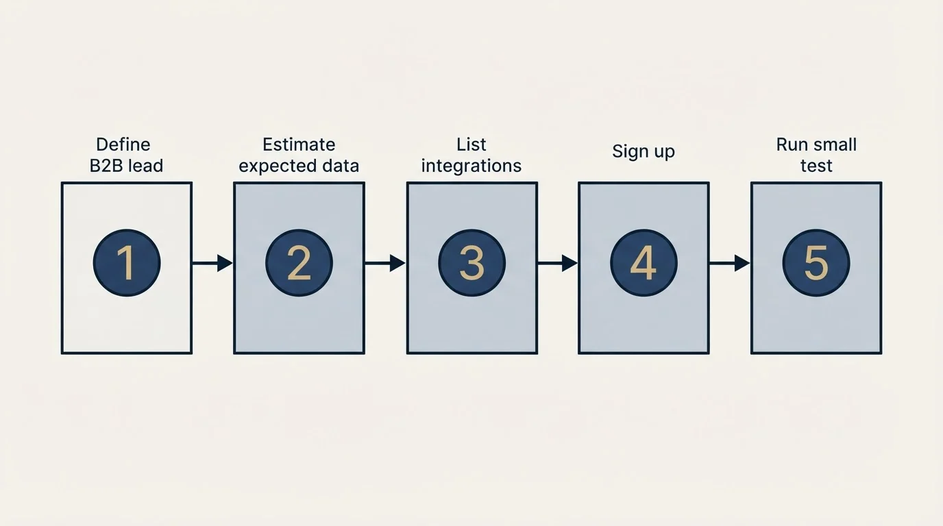 Step sequence: Getting Started Checklist (Define B2B lead, Estimate expected data, List integrations, Sign up)