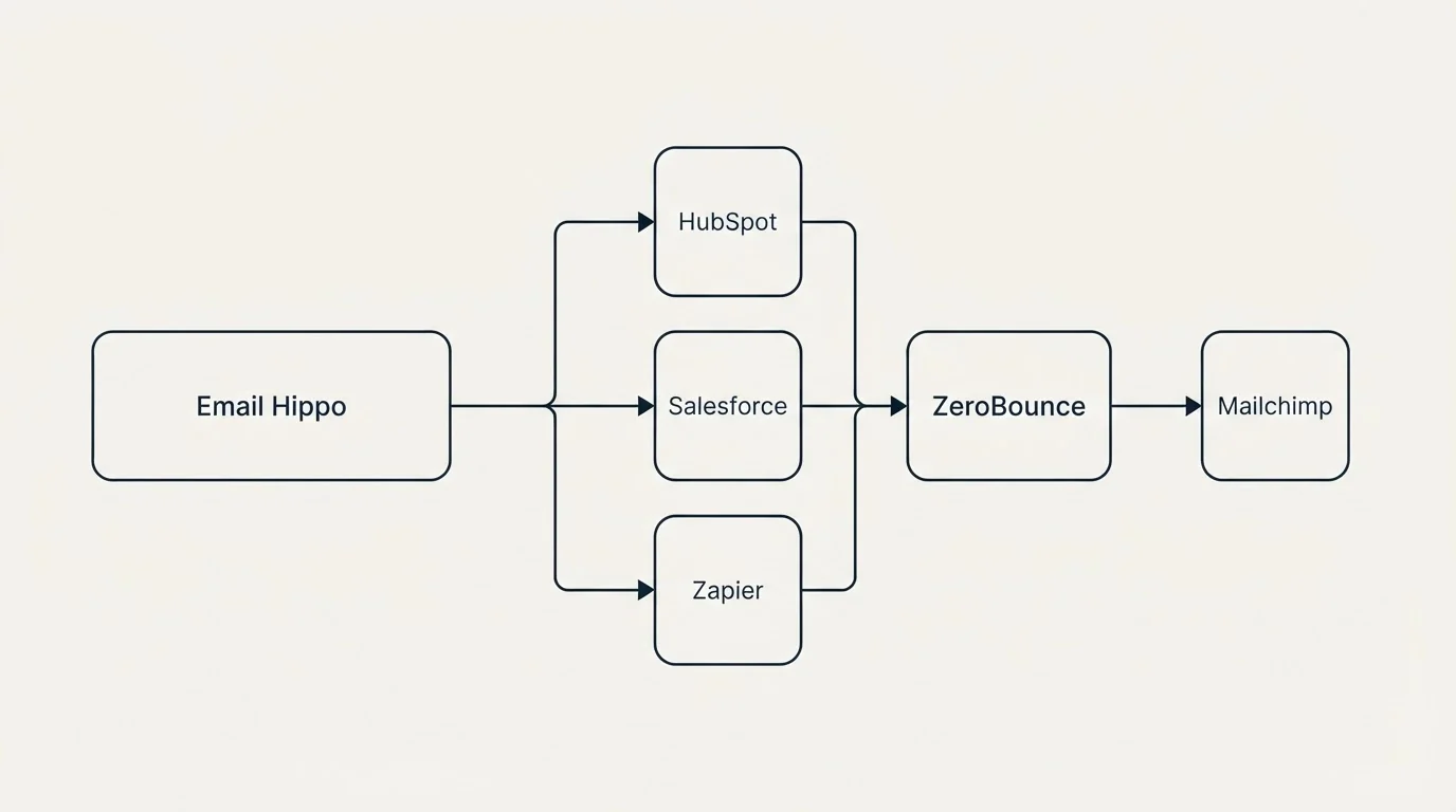 Integration flow: Integration Ecosystem (Email Hippo, ZeroBounce, HubSpot, Salesforce)