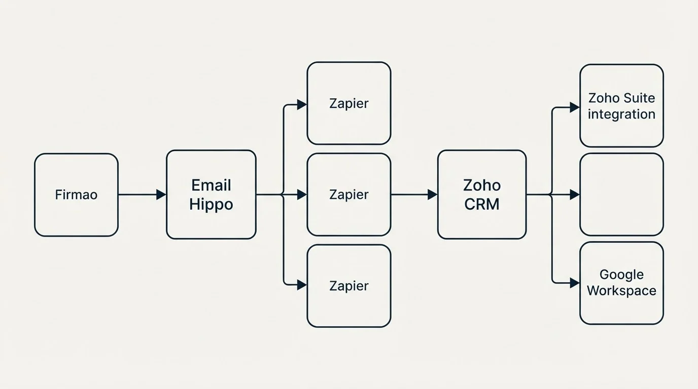 Integration flow: Integration Ecosystem (Email Hippo, Zoho CRM, Zapier, Zoho Suite integration)