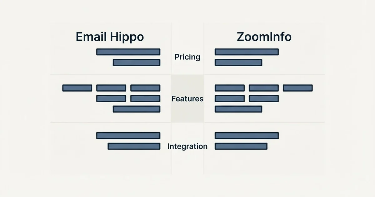 Comparison panel: Email Hippo vs ZoomInfo (Pricing, Features, Integration)