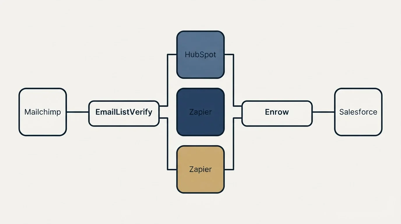 Integration flow: Integration Ecosystem (EmailListVerify, Enrow, HubSpot, Zapier)