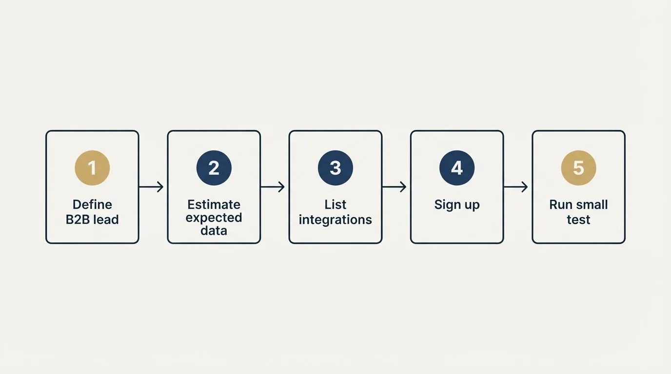 Step sequence: Getting Started Checklist (Define B2B lead, Estimate expected data, List integrations, Sign up)