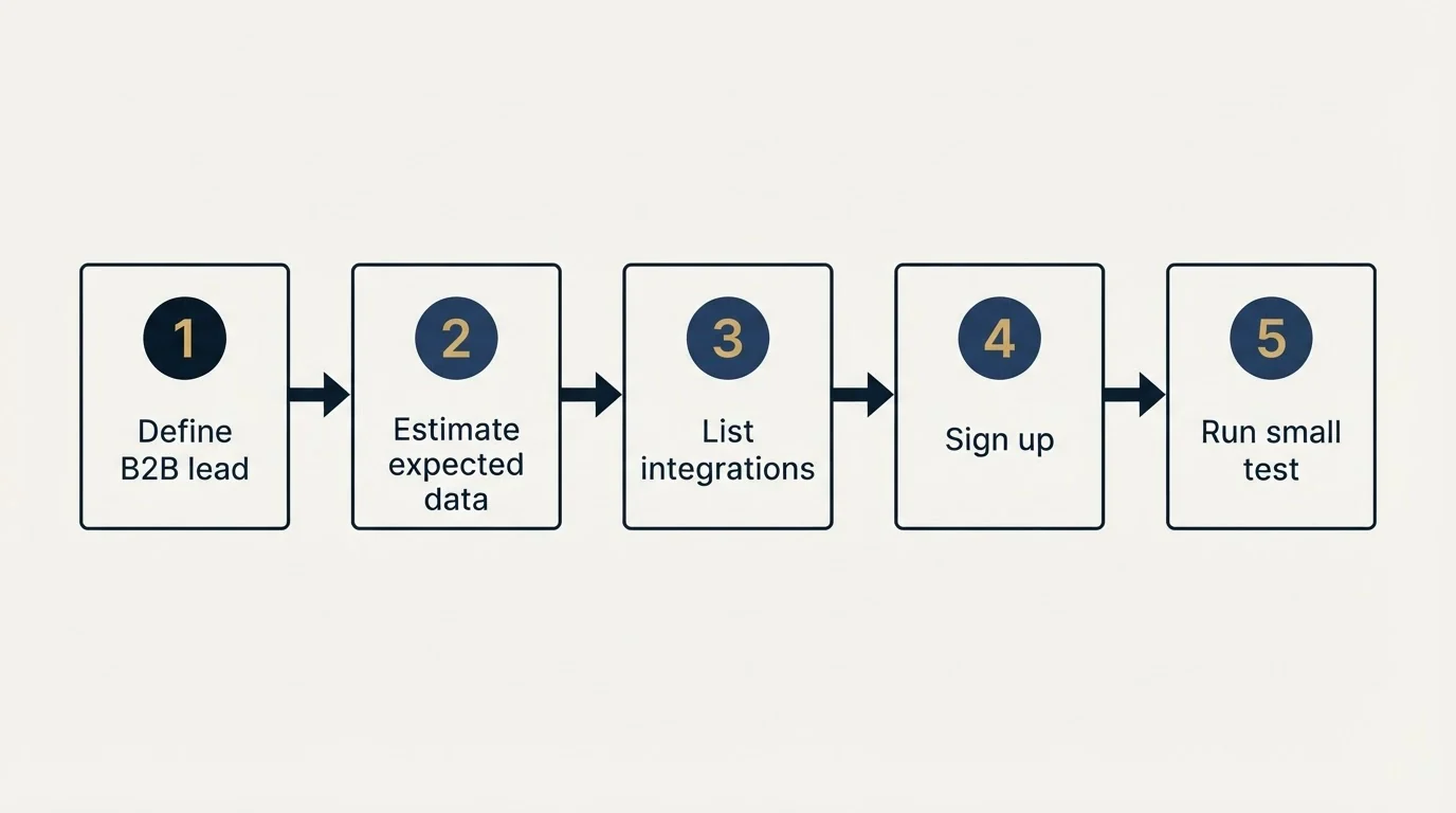 Step sequence: Getting Started Checklist (Define B2B lead, Estimate expected data, List integrations, Sign up)