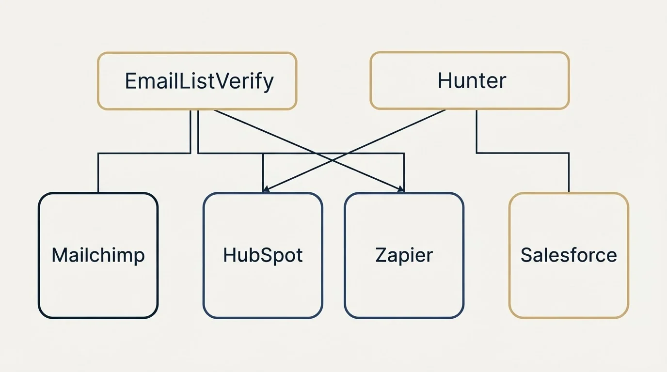 Integration grid: Integration Ecosystem (EmailListVerify, Hunter, HubSpot, Zapier)