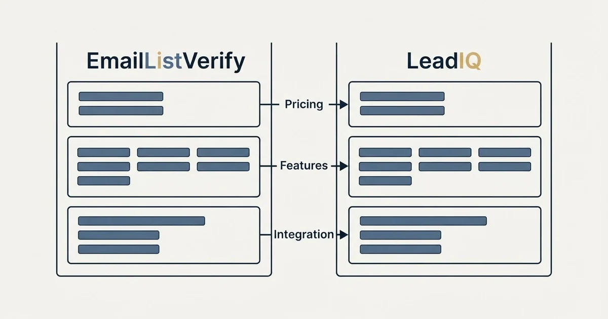 Comparison panel: EmailListVerify vs LeadIQ (Pricing, Features, Integration)