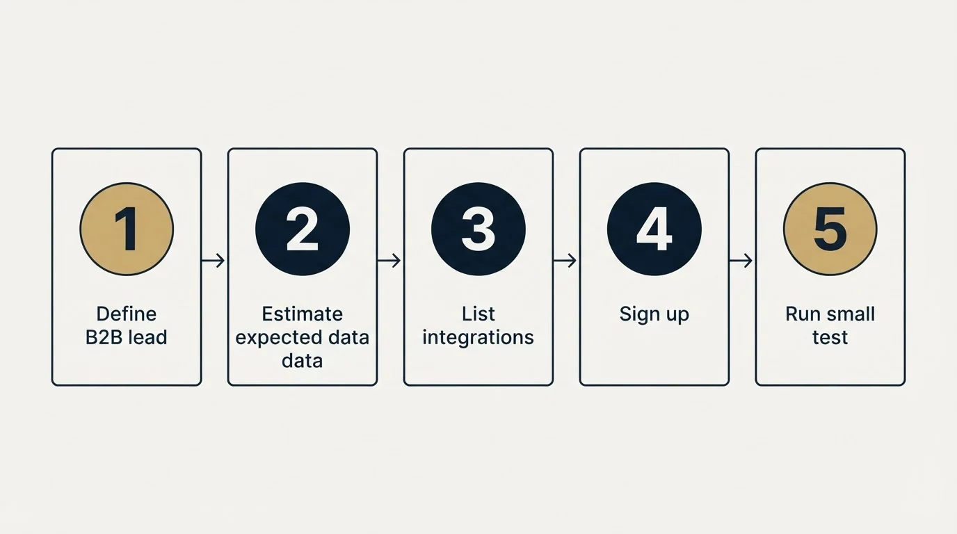 Step sequence: Getting Started Checklist (Define B2B lead, Estimate expected data, List integrations, Sign up)