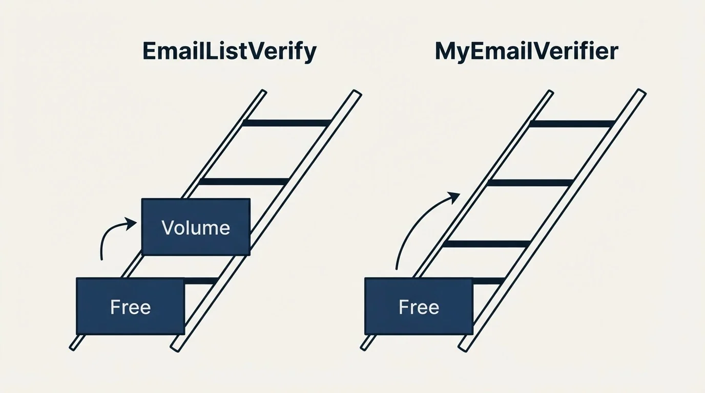 Pricing ladder: Pricing Comparison (EmailListVerify, MyEmailVerifier, Free, Volume)