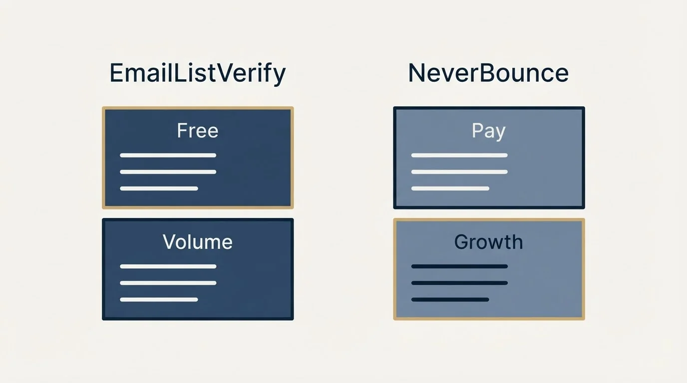 Pricing panels: Pricing Comparison (EmailListVerify, NeverBounce, Free, Pay)