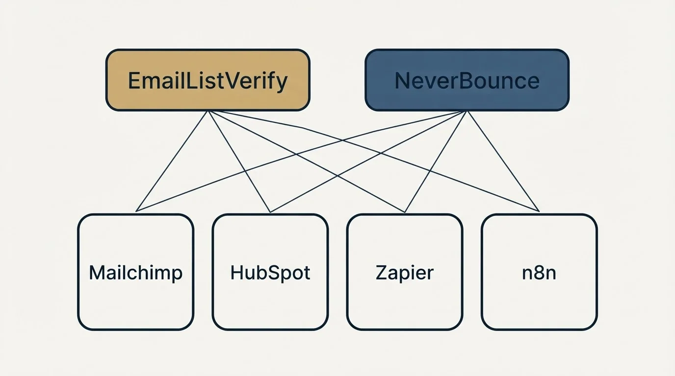 Integration grid: Integration Ecosystem (EmailListVerify, NeverBounce, Mailchimp, HubSpot)