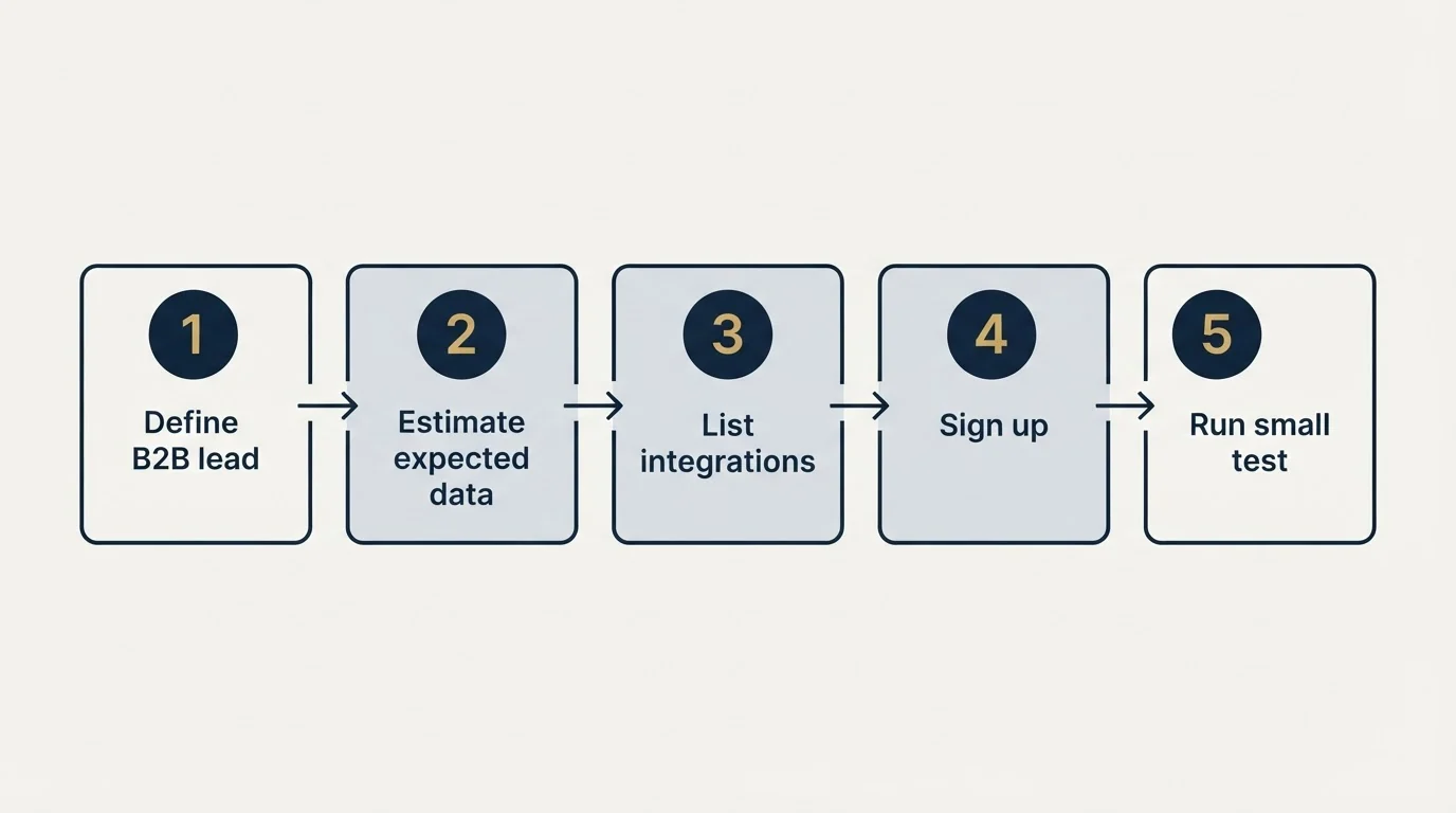 Step sequence: Getting Started Checklist (Define B2B lead, Estimate expected data, List integrations, Sign up)