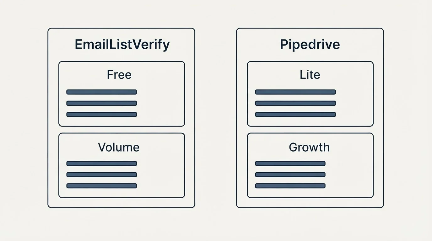 Pricing panels: Pricing Comparison (EmailListVerify, Pipedrive, Free, Lite)