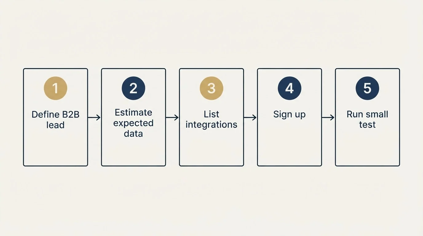 Step sequence: Getting Started Checklist (Define B2B lead, Estimate expected data, List integrations, Sign up)