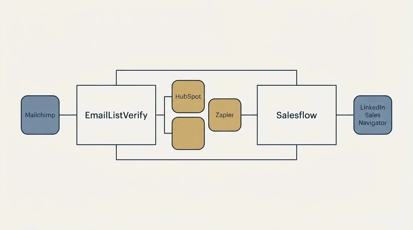 Integration schematic: Integration Ecosystem (EmailListVerify, Salesflow, HubSpot, Zapier)