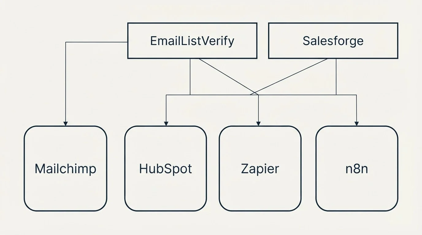 Integration grid: Integration Ecosystem (EmailListVerify, Salesforge, HubSpot, Zapier)