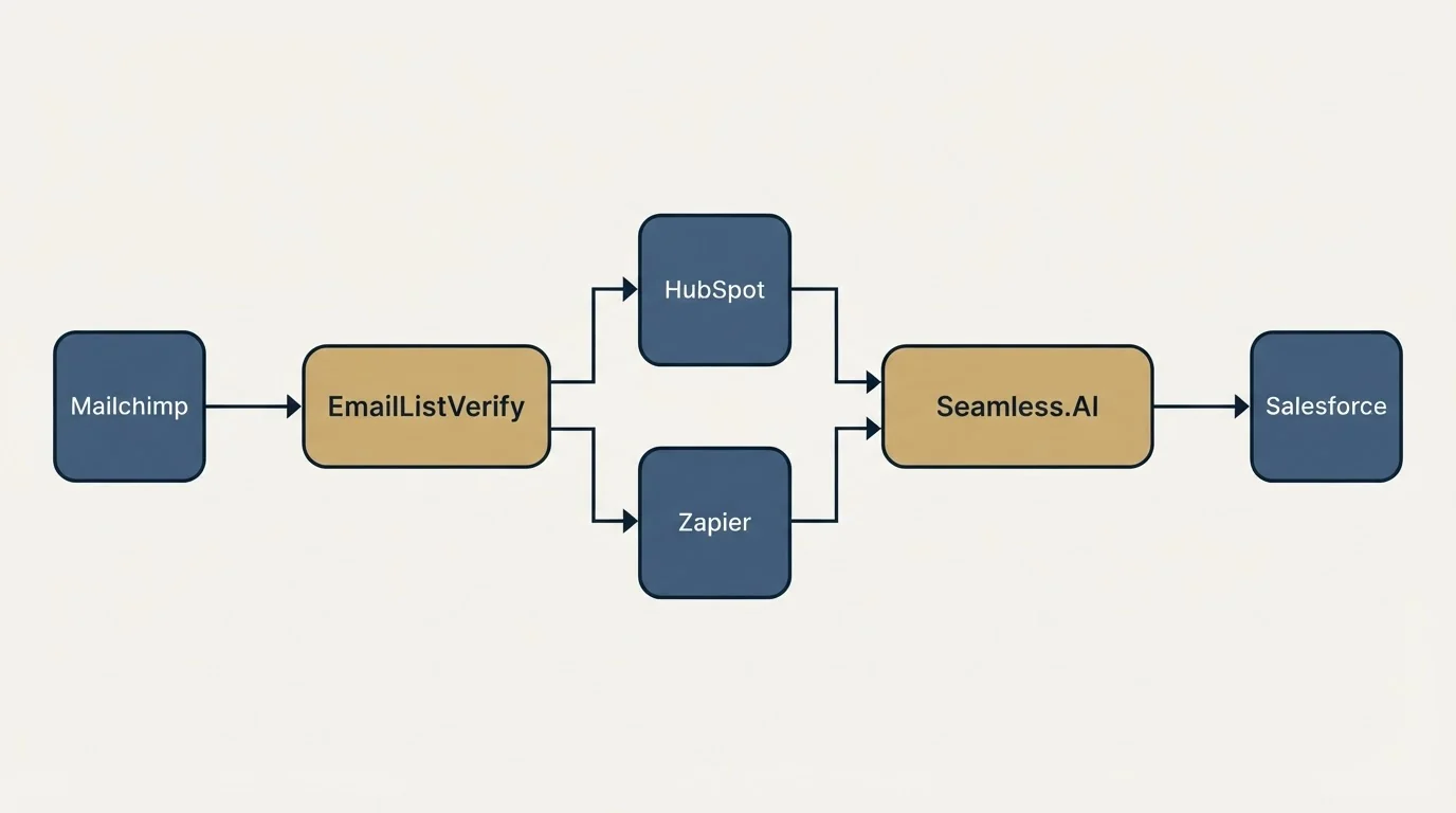 Integration flow: Integration Ecosystem (EmailListVerify, Seamless.AI, HubSpot, Zapier)