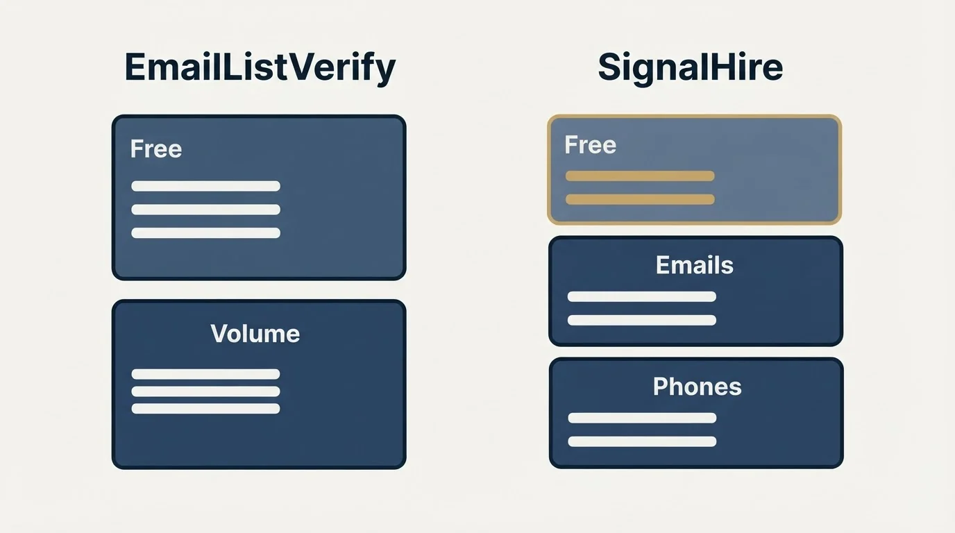 Pricing panels: Pricing Comparison (EmailListVerify, SignalHire, Free, Volume)
