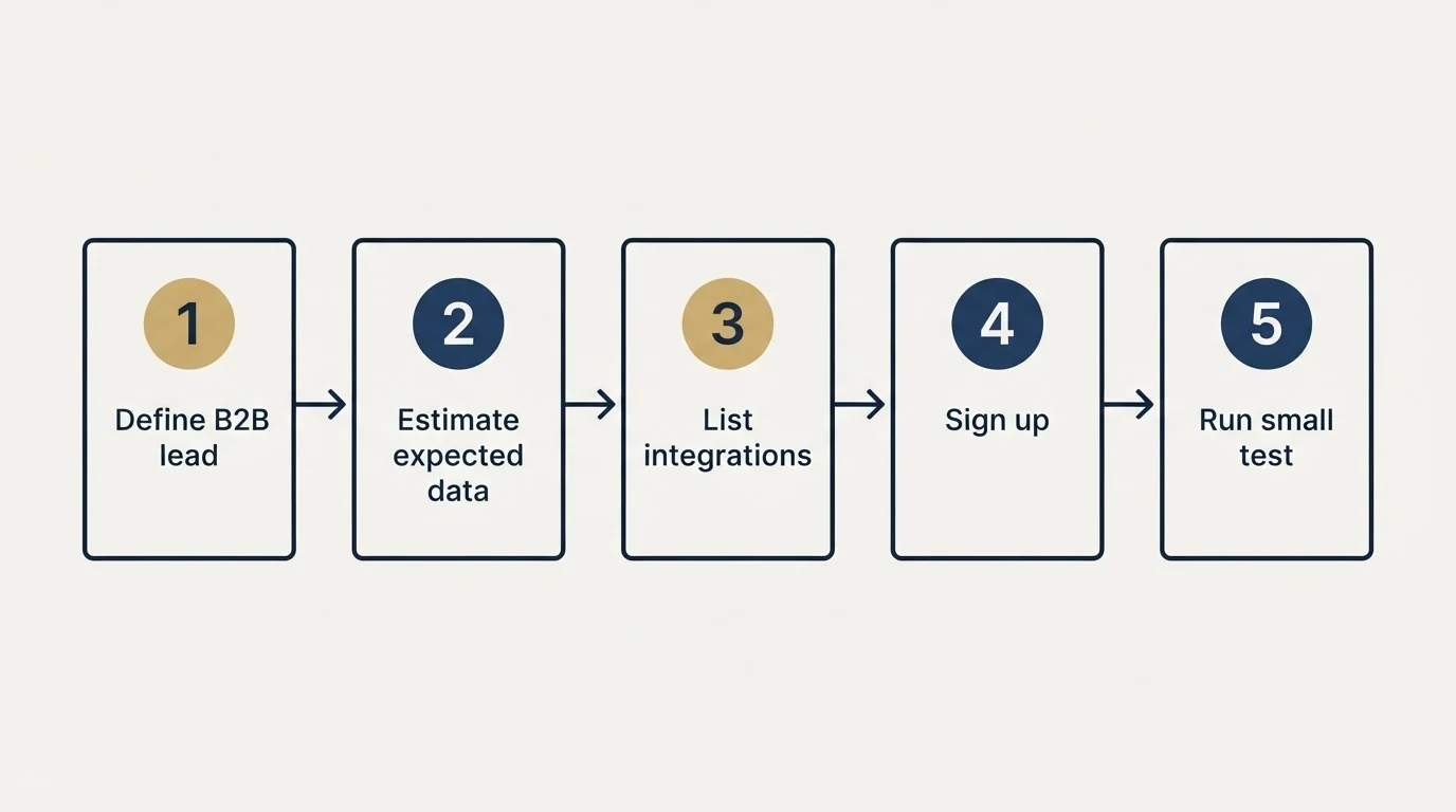 Step sequence: Getting Started Checklist (Define B2B lead, Estimate expected data, List integrations, Sign up)