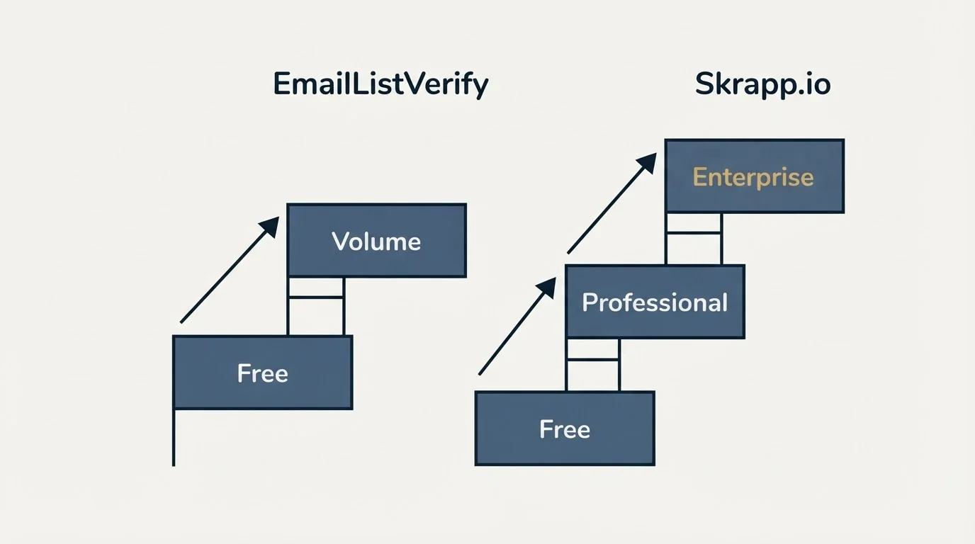 Pricing ladder: Pricing Comparison (EmailListVerify, Skrapp.io, Free, Volume)