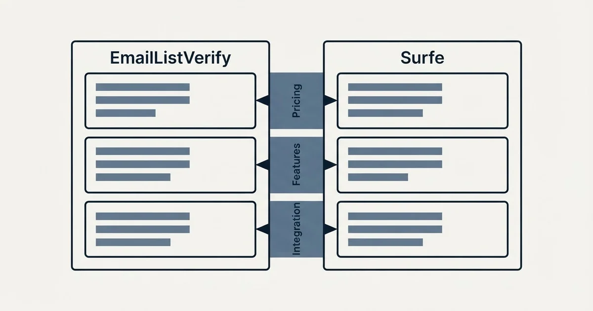 Comparison panel: EmailListVerify vs Surfe (Pricing, Features, Integration)