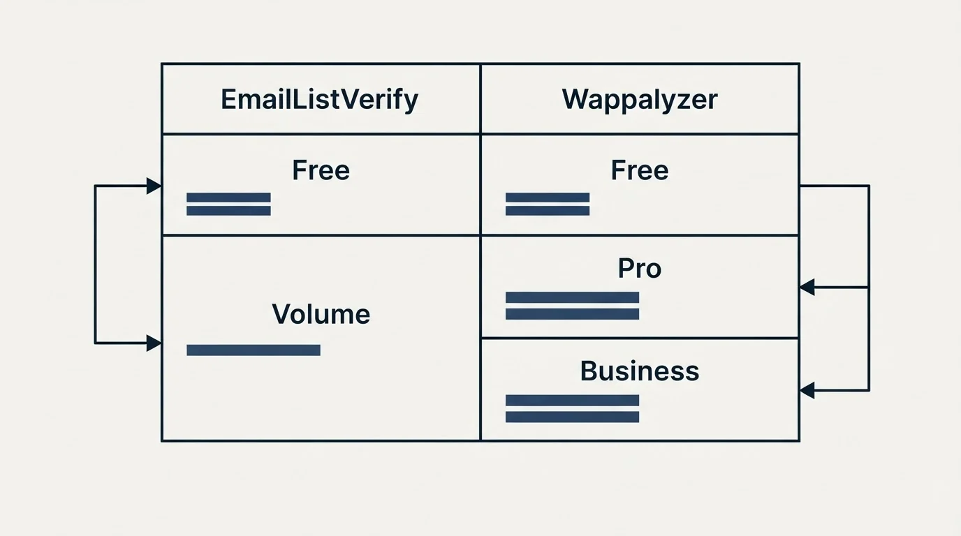 Pricing table: Pricing Comparison (EmailListVerify, Wappalyzer, Free, Volume)