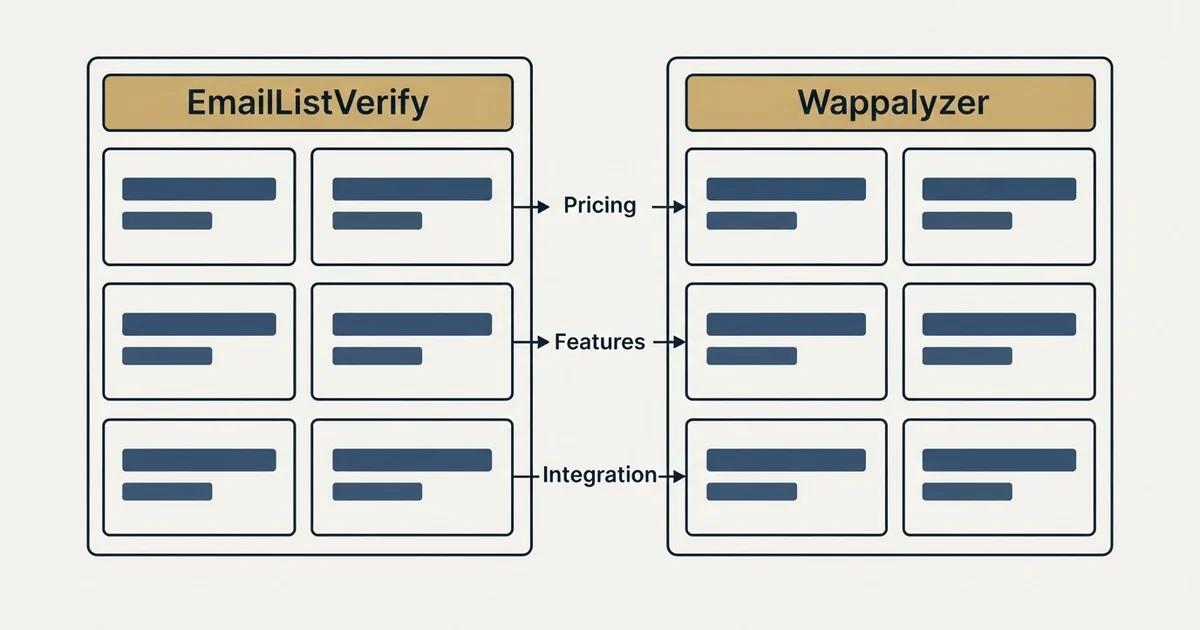 Comparison panel: EmailListVerify vs Wappalyzer (Pricing, Features, Integration)