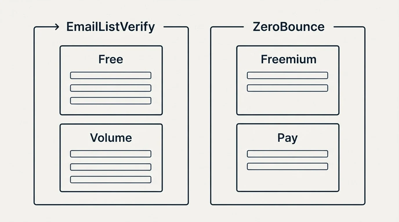 Pricing panels: Pricing Comparison (EmailListVerify, ZeroBounce, Free, Freemium)